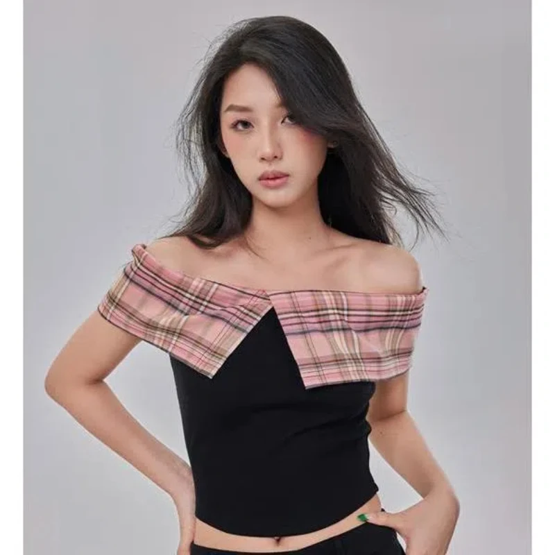 2024 Summer New Design Sense Retro Sweet and Spicy Off Shoulder One Shoulder Top Women's High End Plaid Spliced Slim Fit T-shirt