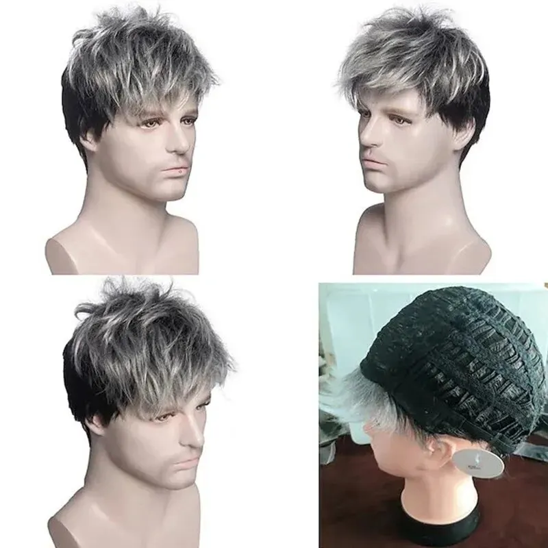 Wig Men Short Hair Fluffy Curly Hair Silver White Chemical Fiber Headgear Fluffy Short Curly Hair Simulation Full Headgear