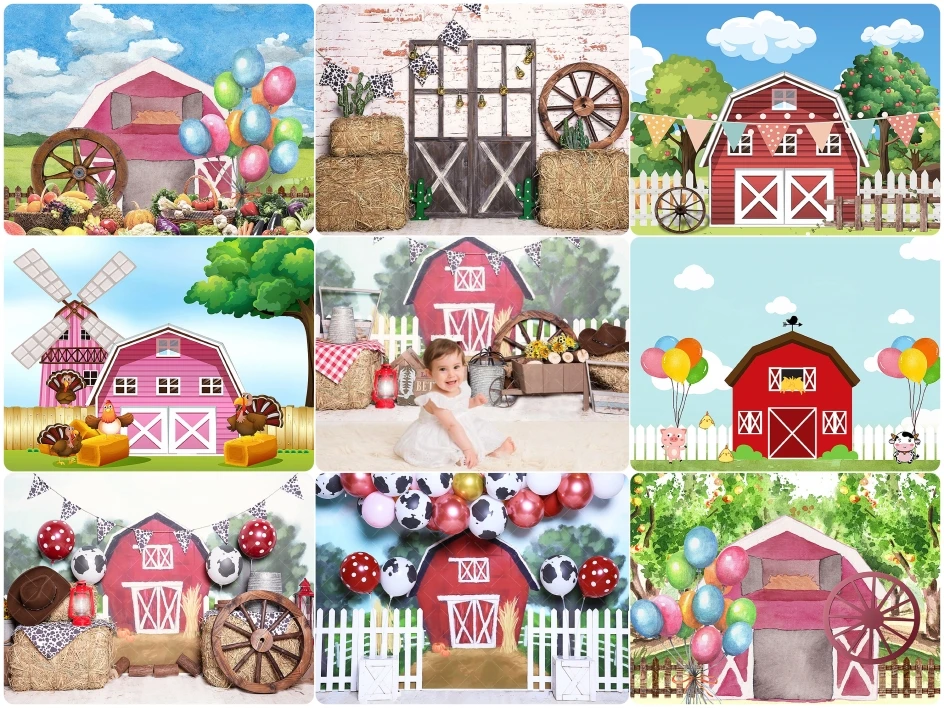 

Farm Photography Backdrop Birthday Red Pink Farm Photo Studio Backgrounds Toddler Baby Photoshoots Rural Life Portrait Prop