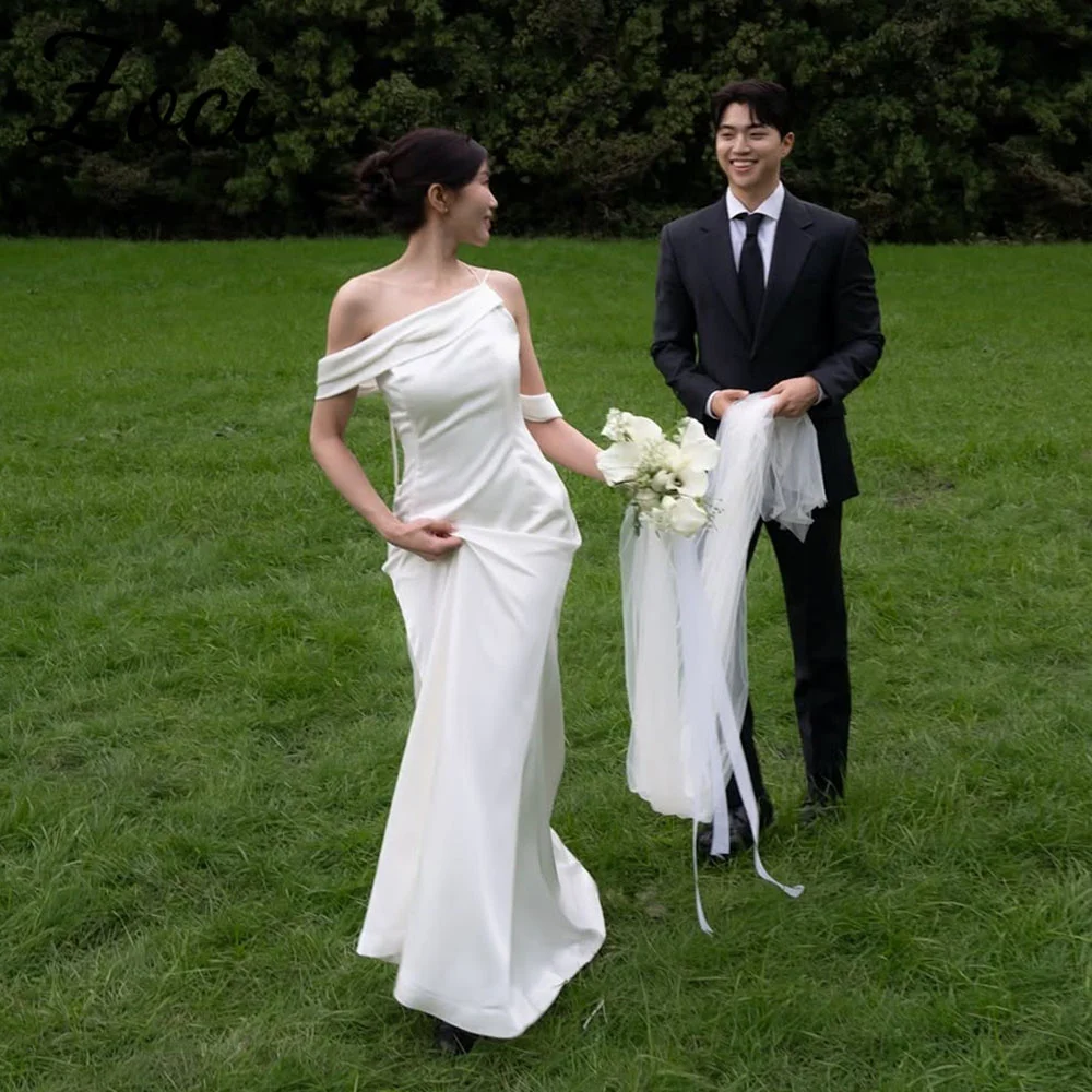 Zoci Elegant One Shoulder Korea Wedding Dresses Customized Spaghetti Straps Mermaid Bride Dress Crepe PhotoShoot Bridal Gown