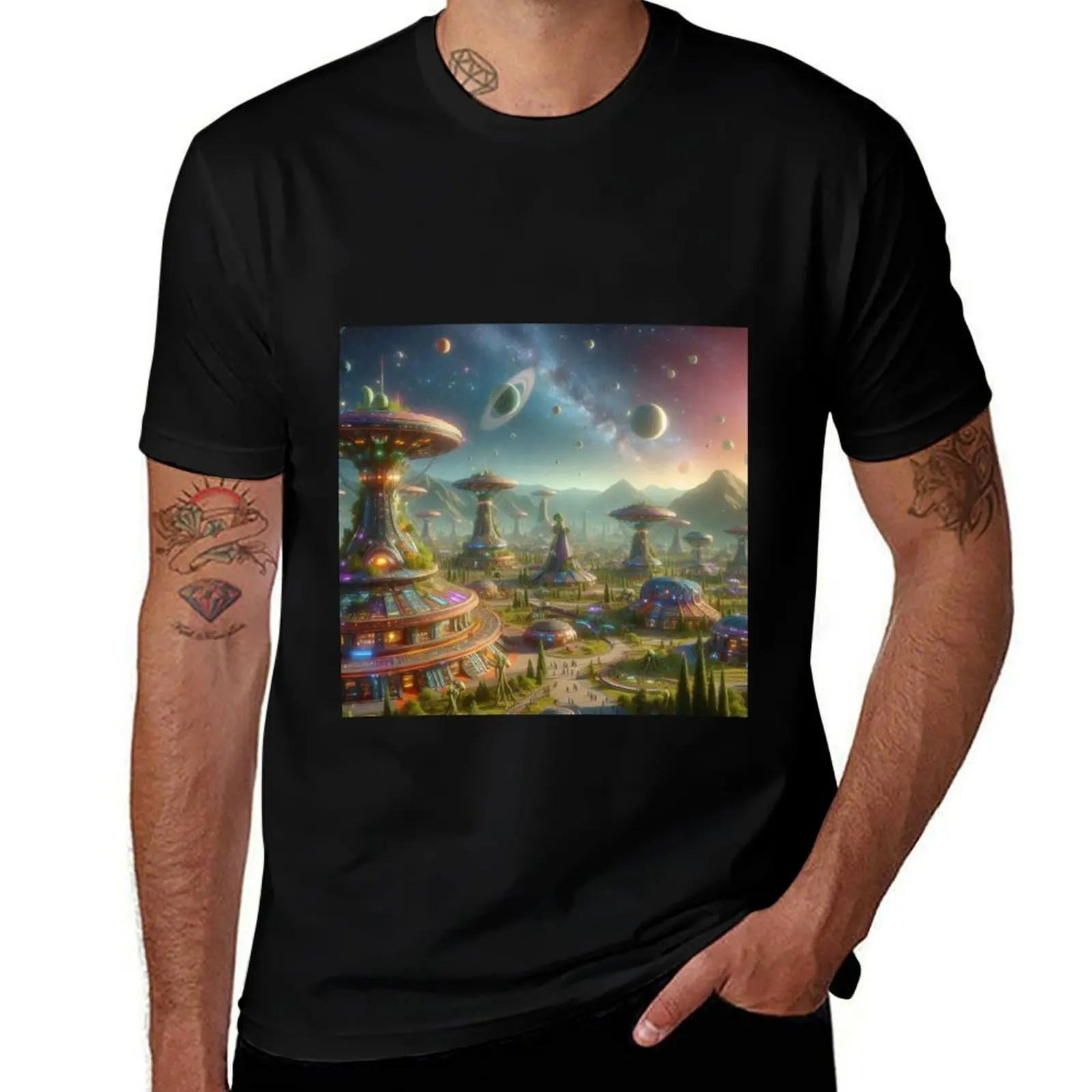 

The alien city T-Shirt oversized graphic tee Man t-shirt blacks korean fashion T-shirts for men cotton