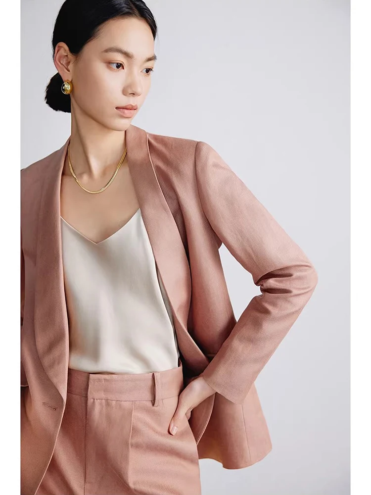 

Костюм из шелка и льна с одной пуговицей и воротником-стойкой, женский, для офиса, модный, весенняя коллекция