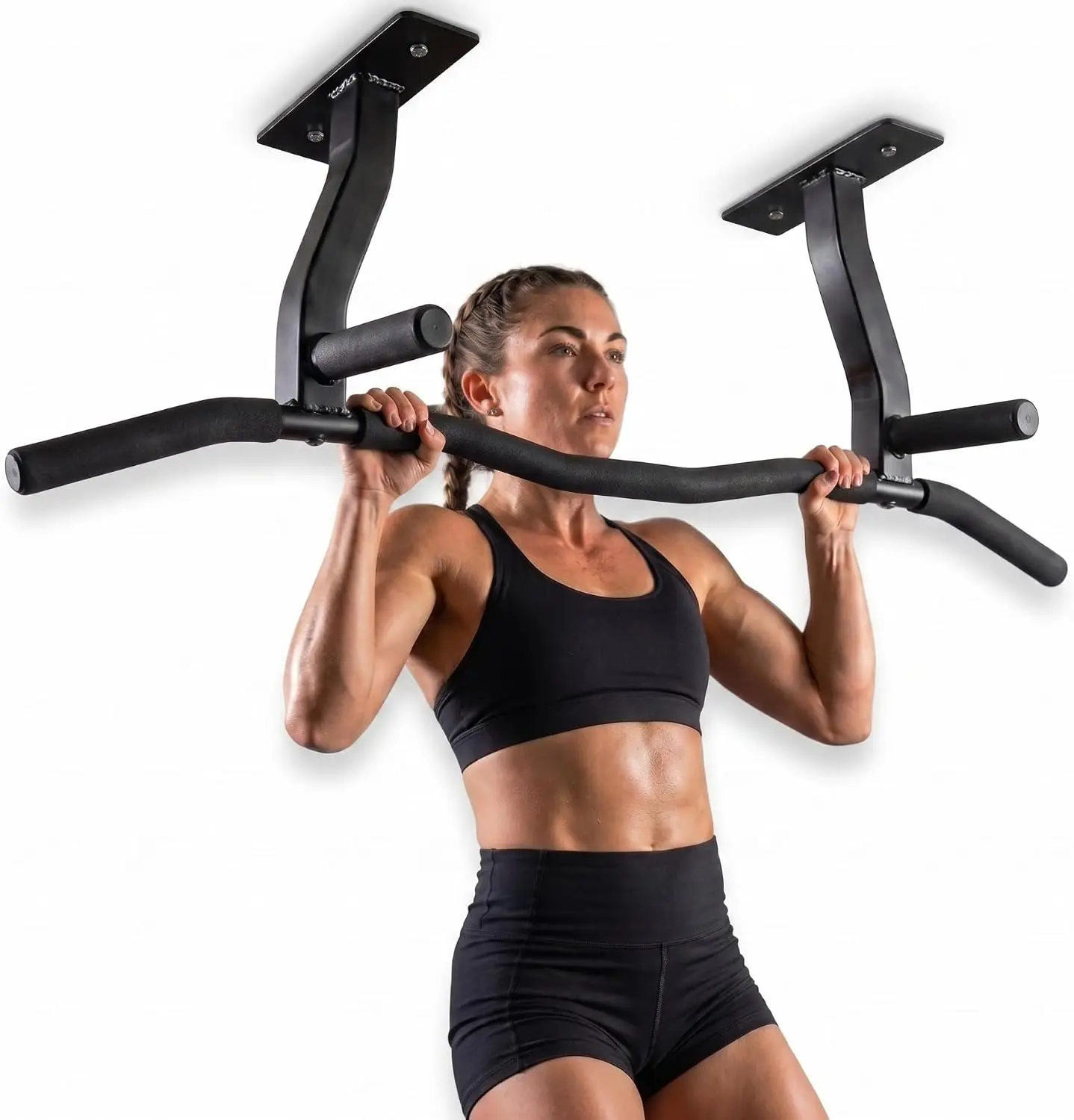 Ceiling Mount Pull-Up Bar, Reversible Risers Fit 16 and 24 Inch Joists, Provides Optimal Grip Spacing