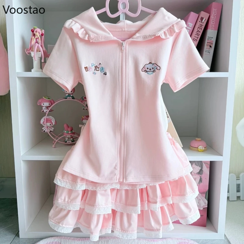 

Japanese Kawaii Lolita Style Skirt Set Women Sweet Rabbit Ear Hooded Zipper Tee Tops Cute Cake Mini Skirts Harajuku Y2k Outfits
