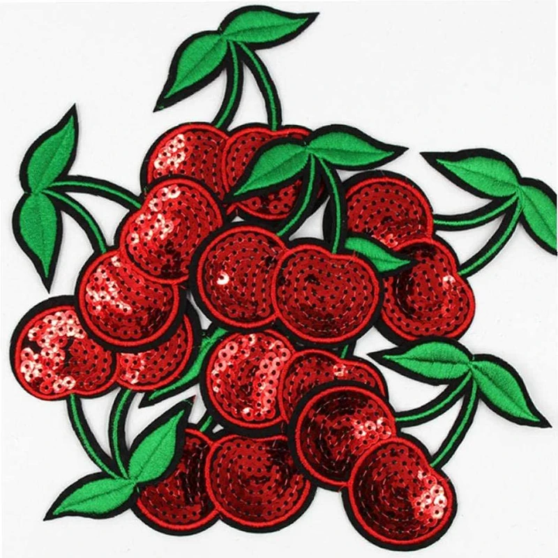 Cherry Food Sequins Embroidered Patches for Clothing Sewing Application Sew on Patch Diy Iron-on Applique Stripes on Clothes Set