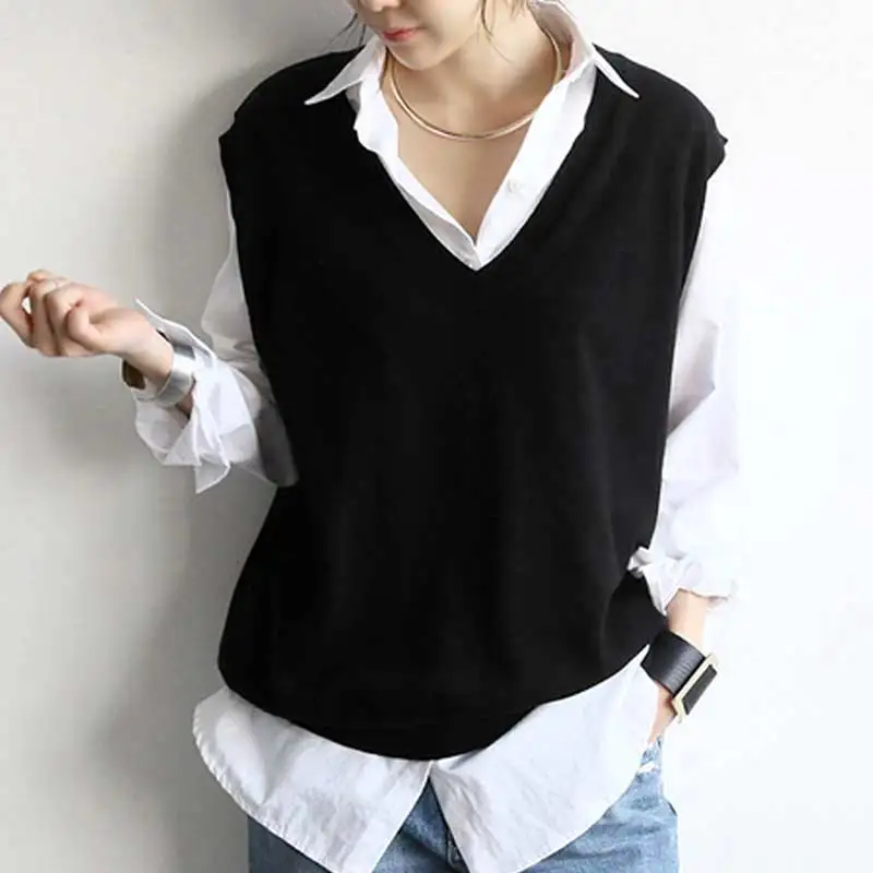 

Autumn Winter Women's Knitted Vest Svel Woolen Sweater Large V-ne ort Loose Tank Top Faion Versatile Color