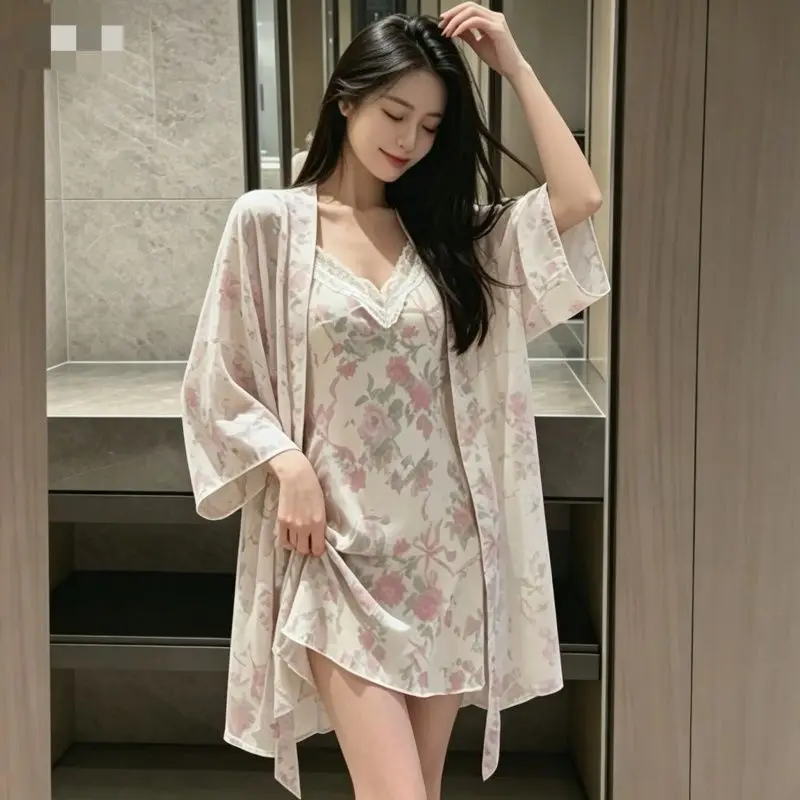 2PCS Sexy Lace Lingerie Ice Silk Print Nightgowns Robes Sets For Women Korean Summer Bathrobes Sleepwear Nightdress Night Dress