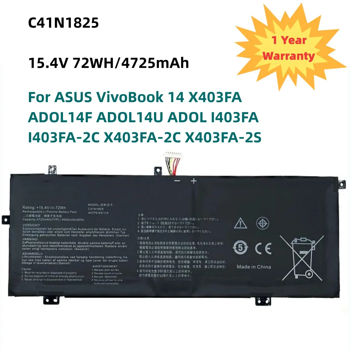 

15.4V 72WH C41N1825 Laptop Battery For ASUS VivoBook 14 X403FA ADOL14F ADOL14U ADOL I403FA I403FA-2C X403FA-2C X403FA-2S Series