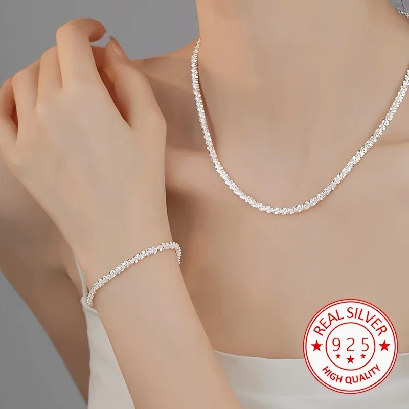 Fashion Kpop 2pcs 925 Sterling Silver Classic Bracelet Necklace Jewelry Set For Women Original Jewelry Wedding Engagement Gift image 2