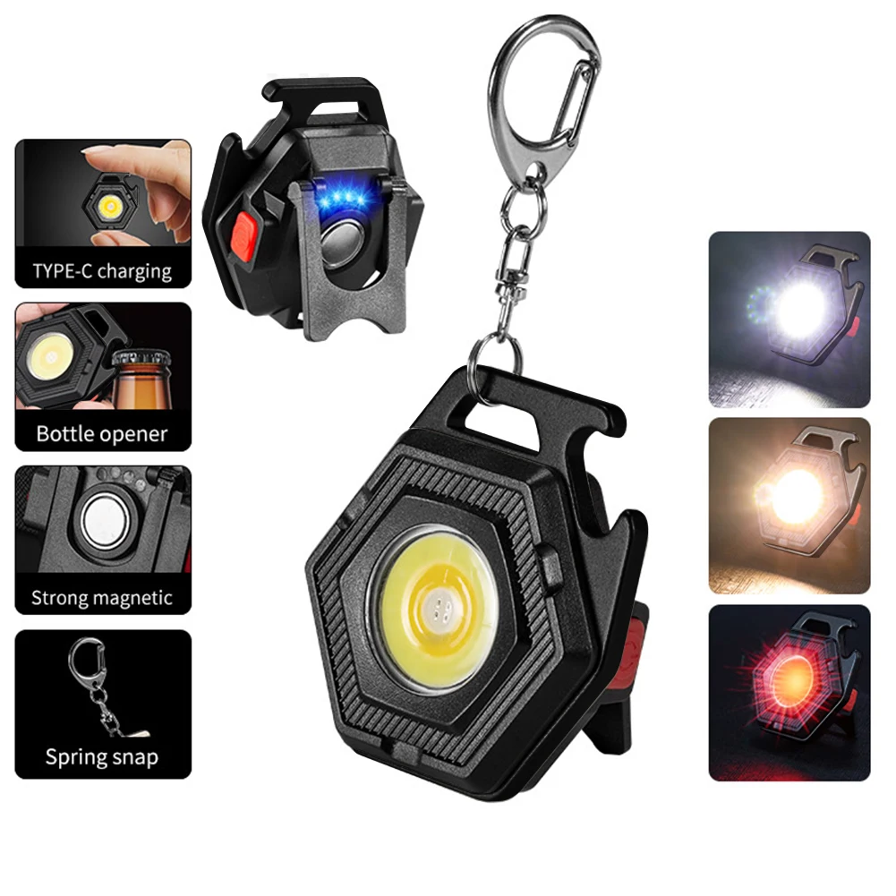

COB LED Small Flashlight Type-C USB Charging 500LM Pocket Work Light Bottle Opener IPX4 Power Display with Hook for Emergency