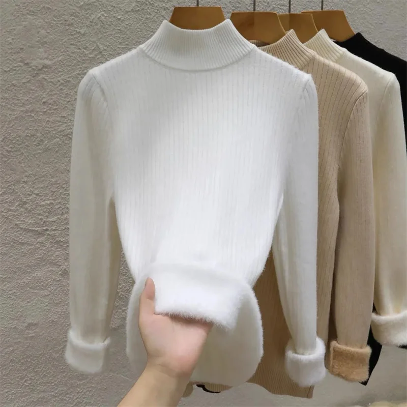 

Winter Warm Sweater Pullover Women Slim Thicken Plush Velvet Lined Knitwear Jumper Korean Half Turtleneck Poleras Soft Knit Tops