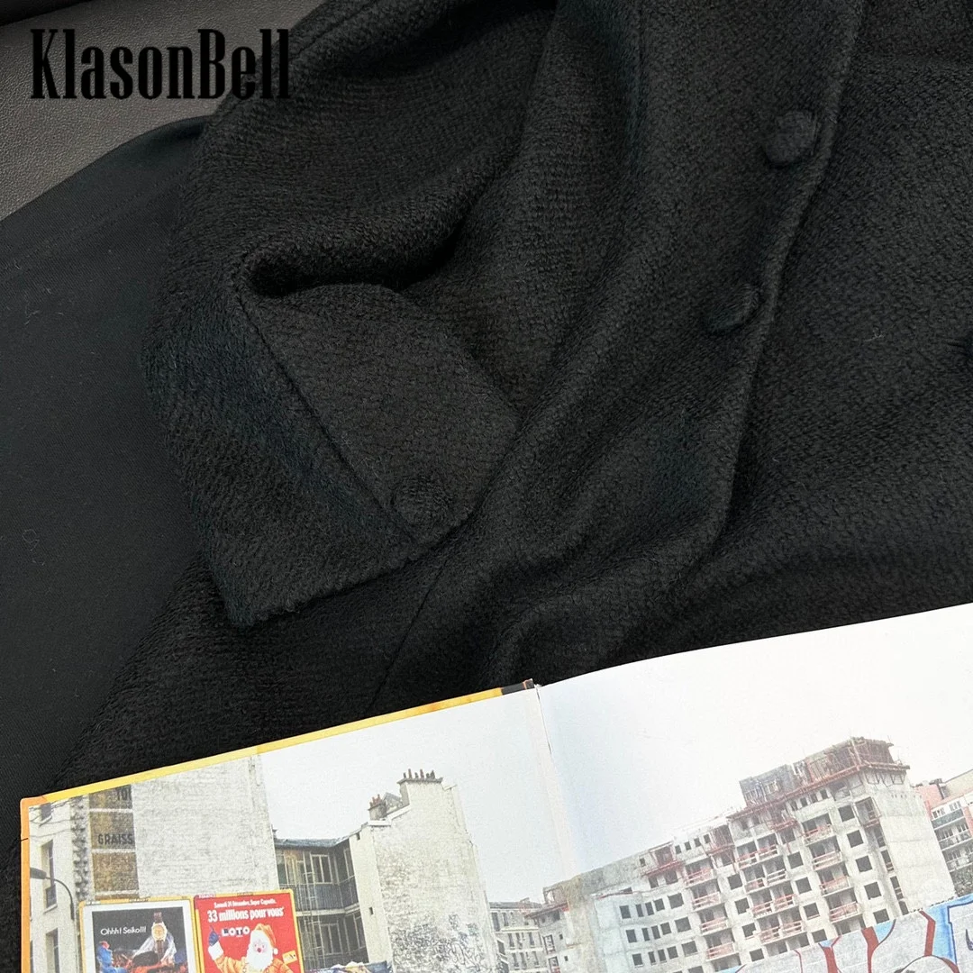 10.8 KlasonBell Women Runway Autumn Winter New Ruched Collect Waist Wool Coat Triple Breasted Design Lapel Long Outerwear