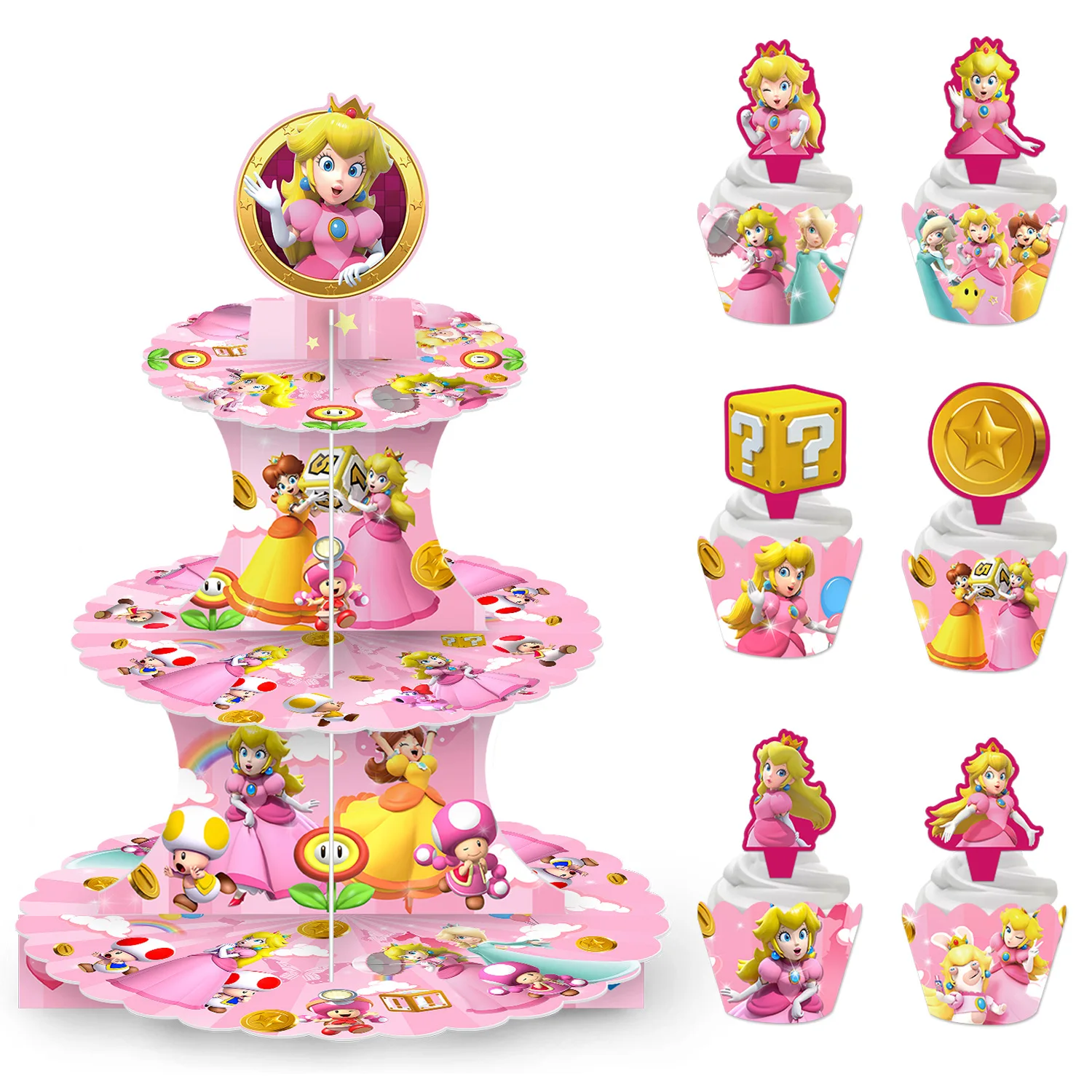 Peach Princess Party Decoration Cake Rack, Paper Cups Cake, Edge Arrangement Set, Mario Party Cake Tower