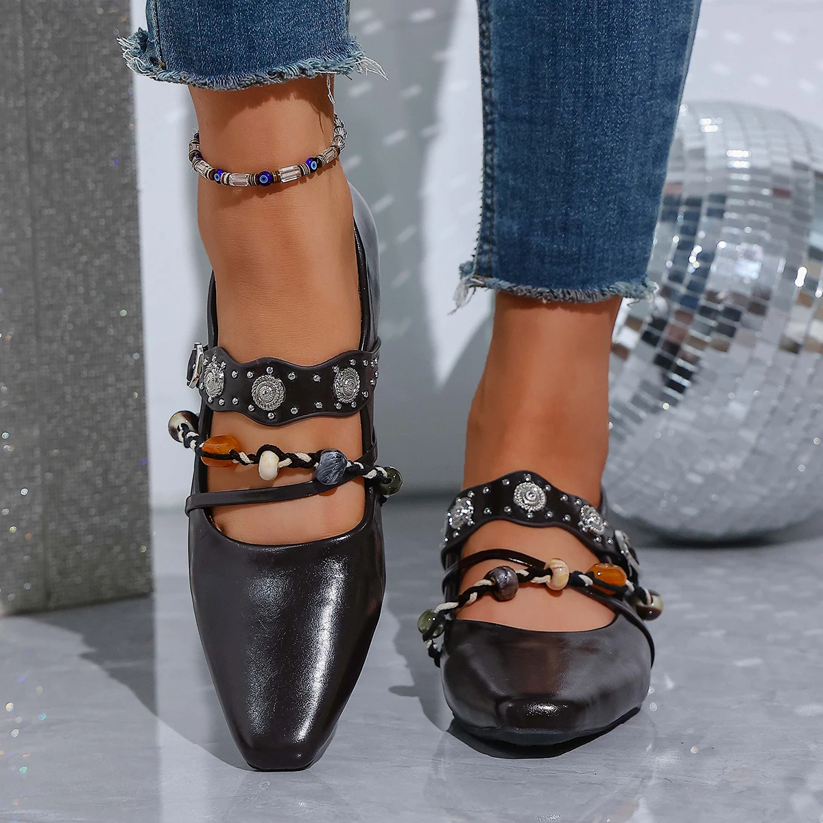 أحذية نسائية بكعب منخفض أحذية كلاسيكية على الطراز البريطاني بمقدمة مدببة أحذية ماري جين للنساء بكعب عالي من الجلد بإبزيم Zapatos De Mujer #5