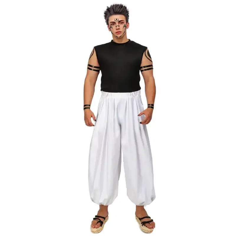 WENAM Costume cosplay Ryomen Sukuna da uomo taglia USA Abito Kung Fu bianco con adesivi per tatuaggi per abiti Comic Con di Halloween