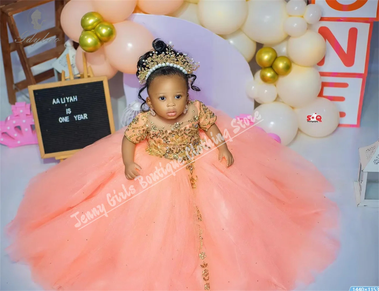 

Peach Pink Beaded Flower Girl Dress Beauty Pageant First Communion Birthday Short Sleeve Queen for Photoshoot Girls' Clothing