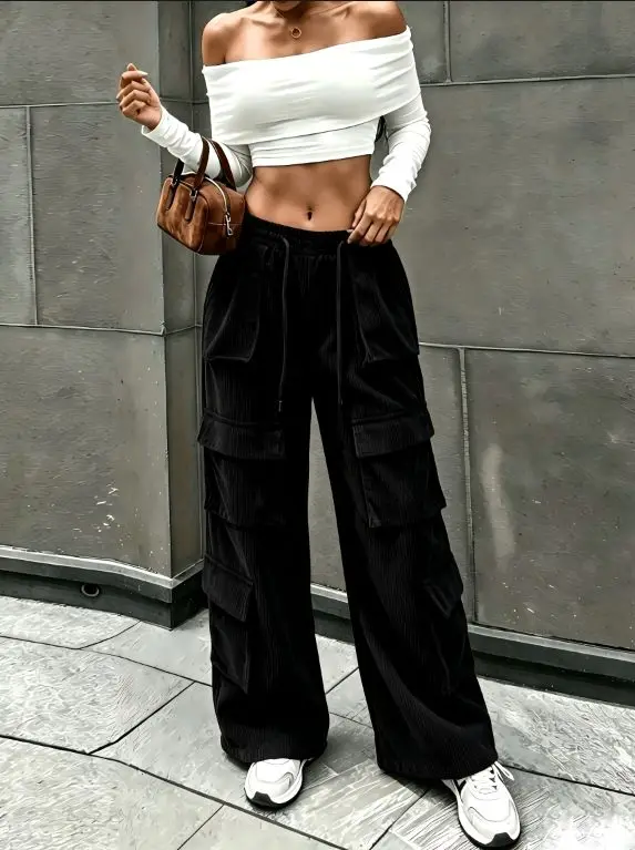 Women's Black Corduroy Cargo Wide Leg Pants High Waist Drawstring Multi Pocket Casual Trousers