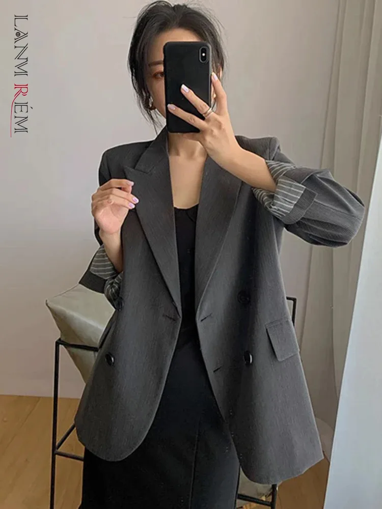 LANMREM Fashion Blazer For Women Notched Long Sleeves Double Breasted Solid Color Lining Design Coat 2024 New Clothing 2Z1332