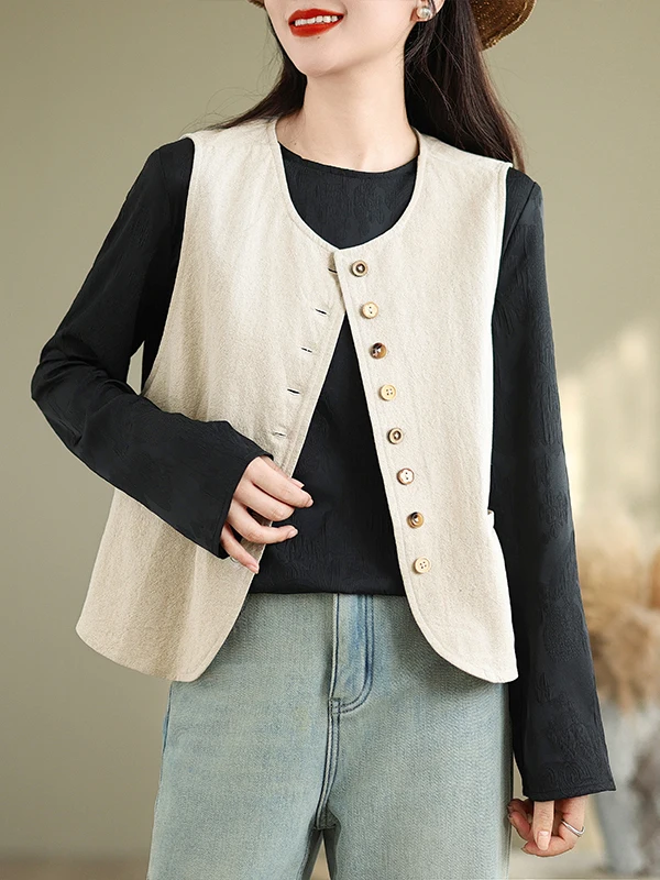 

Повседневный хлопково-льняной жилет, простой круглый жилет Ne Svel, верхняя одежда на одной пуговице, чистый цвет, художественный дизайн