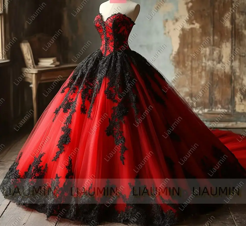 

Классический красный тюль, черный кружевной аппликация, шнуровка сзади, полная длина, вечерние свадебные вечерние платья для выпускного вечера, индивидуальный заказ W19.16.3