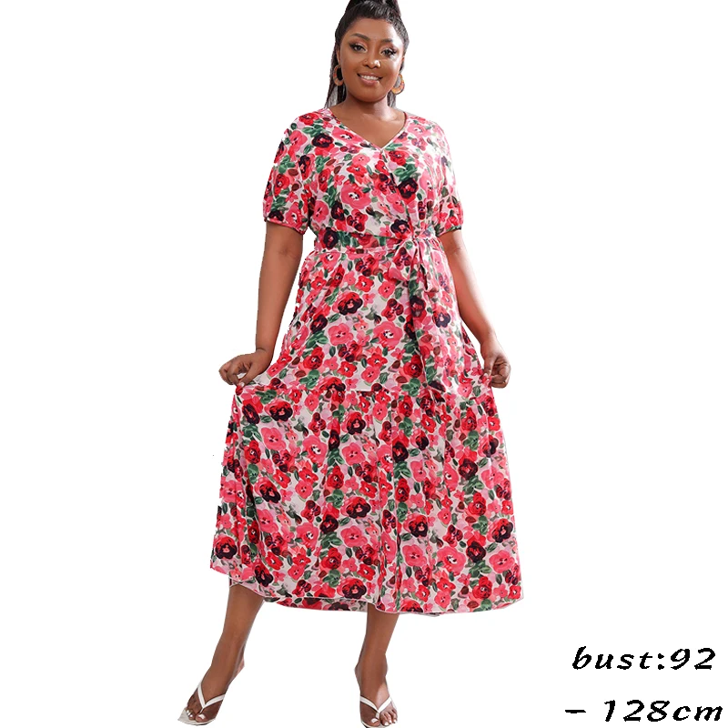 

High quality max long dress for women short sleeve big size flower print V neck new 2024 summer lady beach clothing red blue