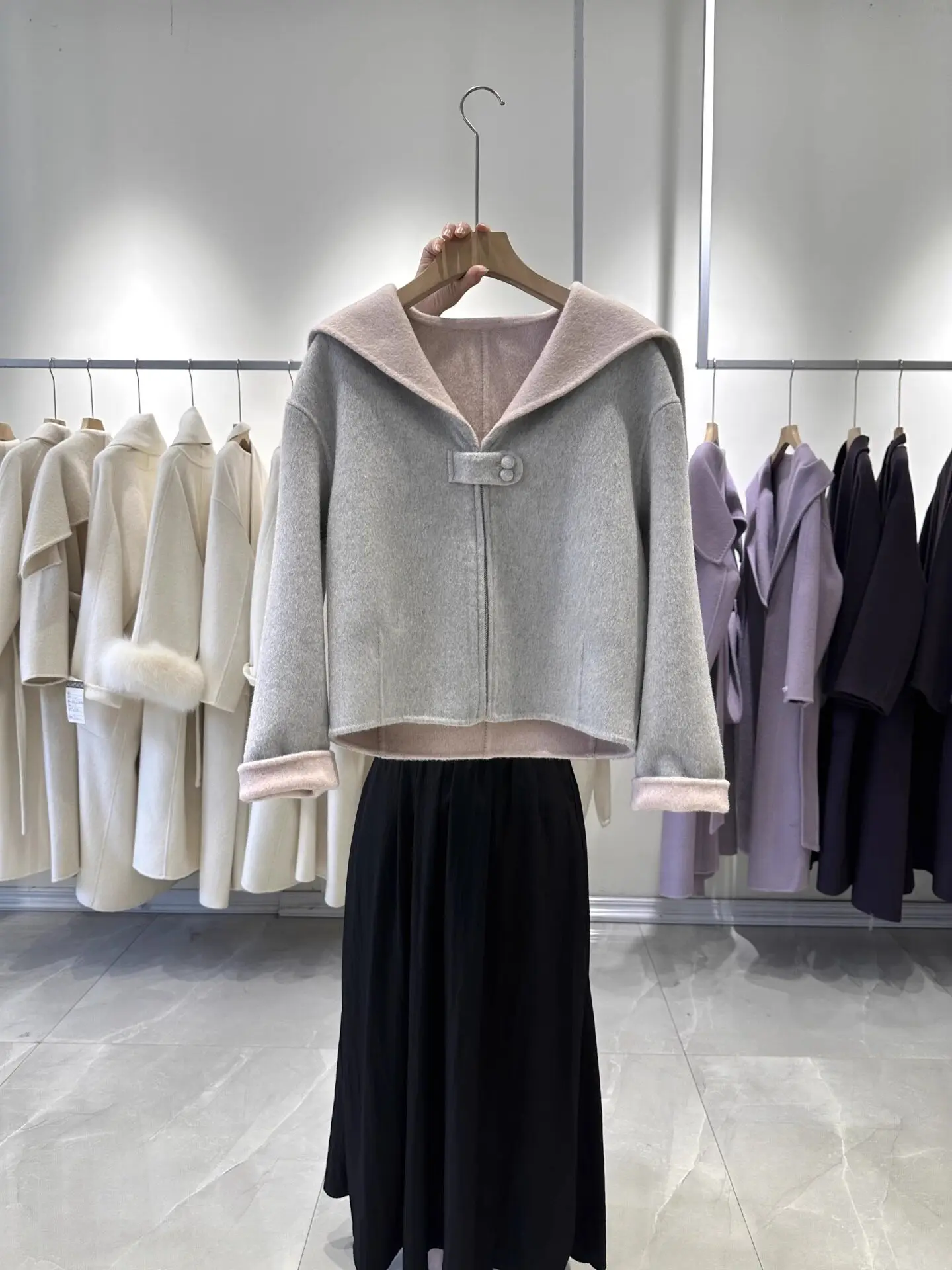 Double Face Wool Short Coat Women Sailor Collar Contrast Cuff Zipper Closure Woolen Outerwear Autumn Winter Ladies Wool Jacket