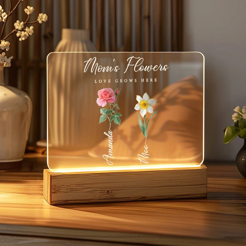 Custom Birth Month Flower LED Night Light Soft Warm Glow Home Decoration Grandma's Garden Themed Gift Birthday Present