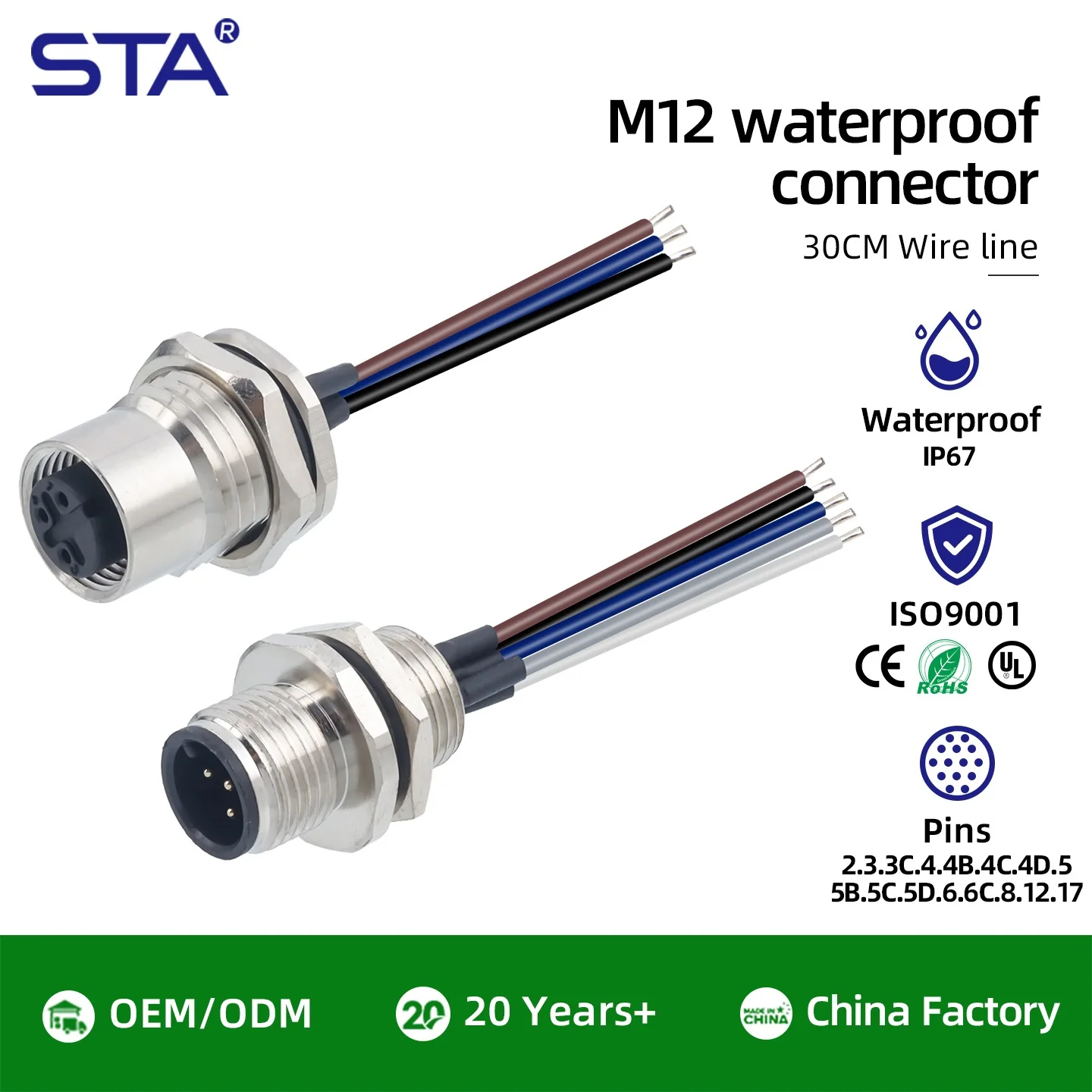 Sensor M12 waterproof connector 2 3 4 5 B D Code 6 8 12 17 cores male female Solder flange socket with 30cm cable aviation Plug