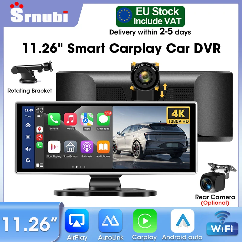 Srnubi 11.26" 4K+1080P DVR ou lecteur de voiture sans fil Carplay Android Auto Double caméra Airplay Moto Navigation GPS Audio Bluetooth