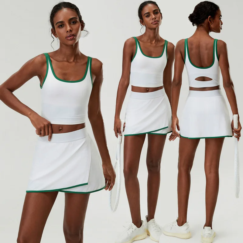 Plus Size Seamless Women Tennis Two-Piece Set U-Neck Back Hollow Sports Tank Top Wrap Skort Breathable Athletic Outfit Badminton