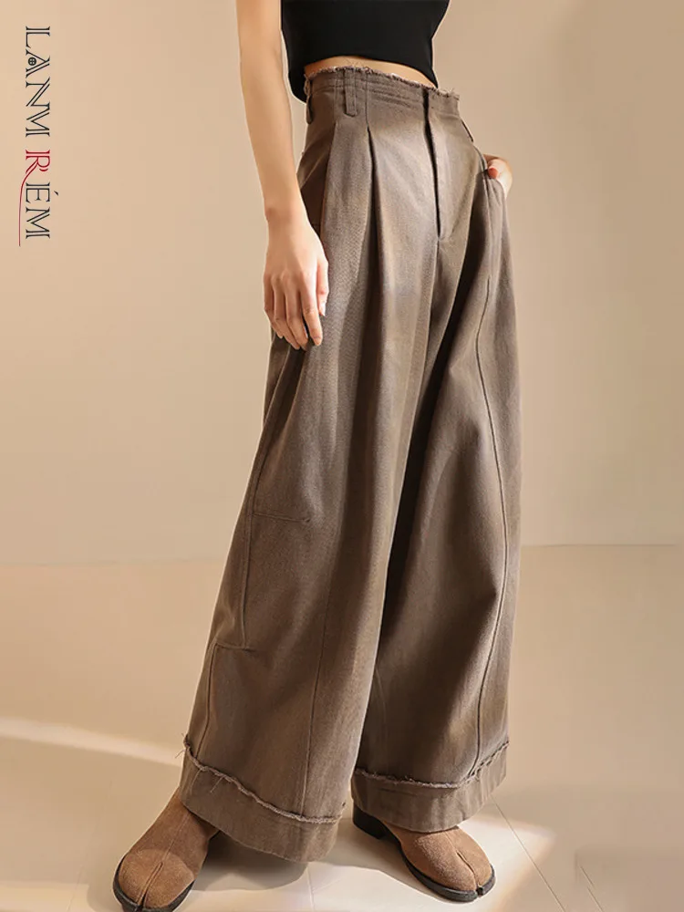 

[LANMREM] Office Lady Spliced Pants Women's High Waist Straight Wide Leg Trousers Minimalism Female Clothes 2025 Spring New