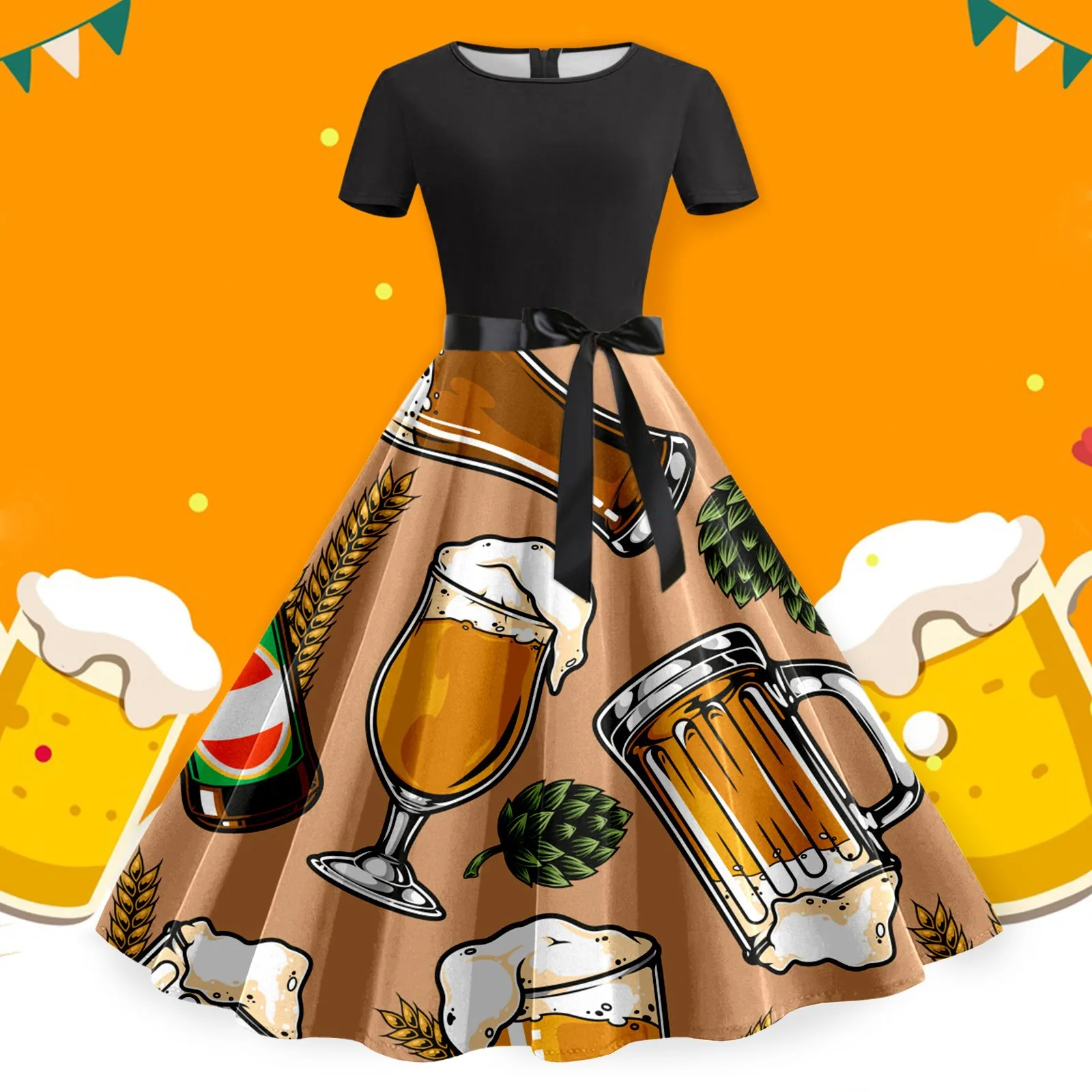 Sommer lässig Rundhals ausschnitt Oktoberfest drucken eine Linie Kleid Kurzarm abnehmbaren Gürtel schlanke Kleider Plissee Festival Kleid Frauen