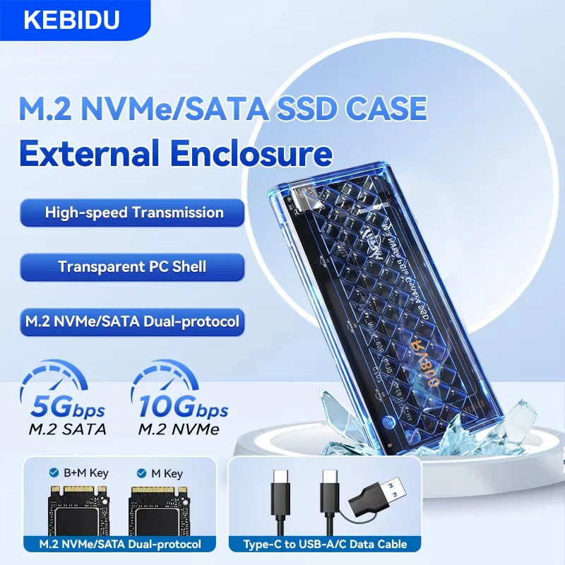 

KEBIDU RGB M2 NVMe PCIE SSD Case M.2 NGFF SATA SSD Enclosure 10Gbps M.2 to USB Transparent Hard Drive Enclosure forM Key M&B Key