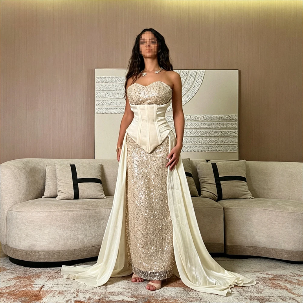 Customized Champagne Sweetheart Strapless Corset Evening Dress Full Sequins Mermaid Chiffon Train Formal Gown فساتين سعودية