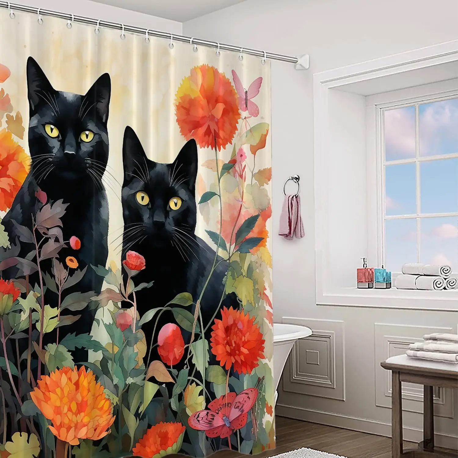 Black Cat Shower Curtain With Floral Garden And Butterflies Artistic Design Water Resistant Fabric Pet Lover Home Decor Trendy