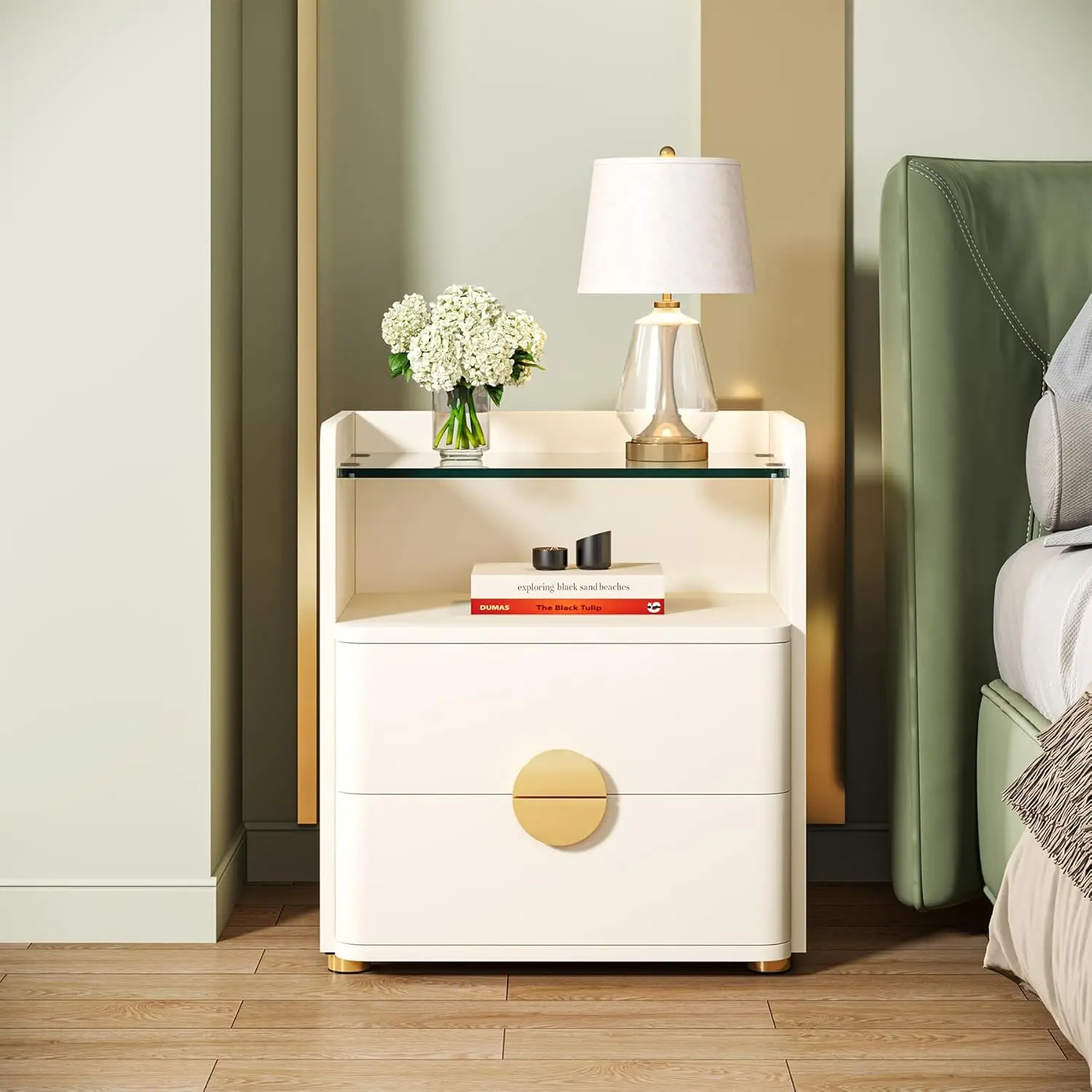 Nightstand with 2 Drawers, Modern Nightstand with Open Storage Shelf, White Bed Side Table for Bedroom, Living Room