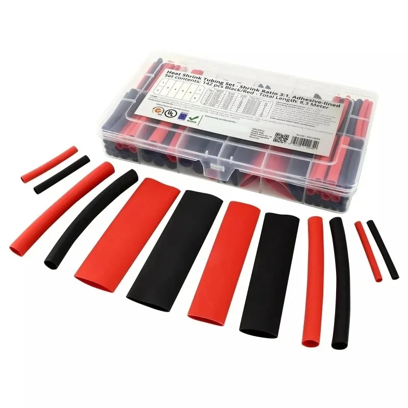 142pcs Boxed Black And Red G-type Double Wall Heat Shrink Tube Shrinkable Waterproof Transparent 3:1 Adhesive Assortment Set