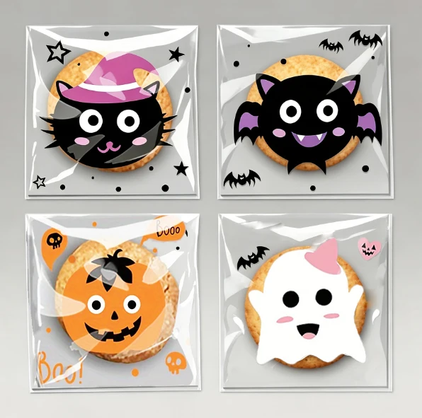 50pcs Halloween Cartoon Pumpkin Gost Bat Pattern Plastic Self-Adhesive Bags for DIY Homemade Cookie Party Jewelry Gifts Bag