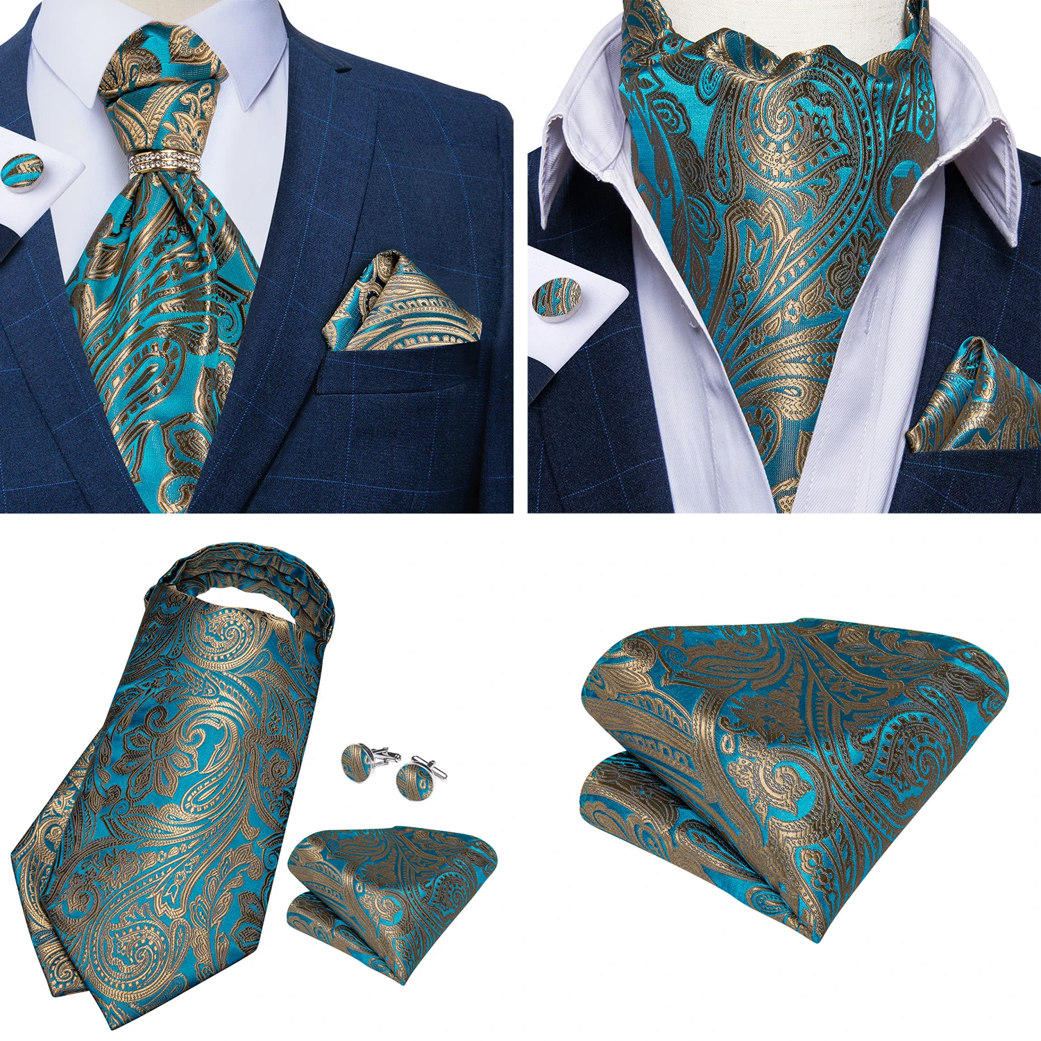 Luxury Men Green Blue Paisley Ascot Tie Set Solid Necktie Ring Wedding Party Cravat Purple Ties Pocket Sqaure Cufflink Free Ship