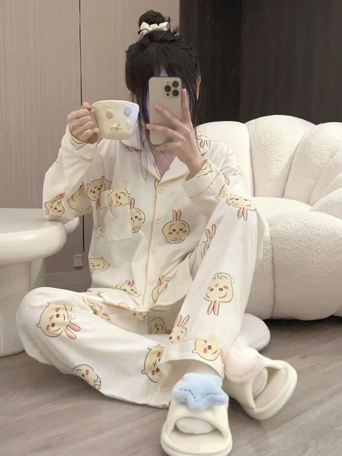 Chiikawa Pajamas Cute Usagi Pajamas Women Spring and Autumn New Kawaii Japanese Long-sleeved Trousers Girls Home Wear Set