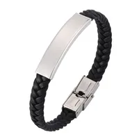Simple Unisex Jewelry Black Braided Leather Women Bracelet Men Smooth Stainless Steel Trendy Leather Bangle Birthday Gift SP0383