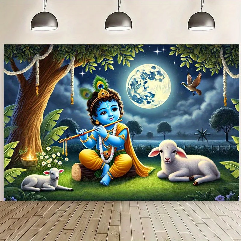 A Hindu background banner - Krishna and the Lamb playing the flute under the moon and stars - wedding and festival decorations