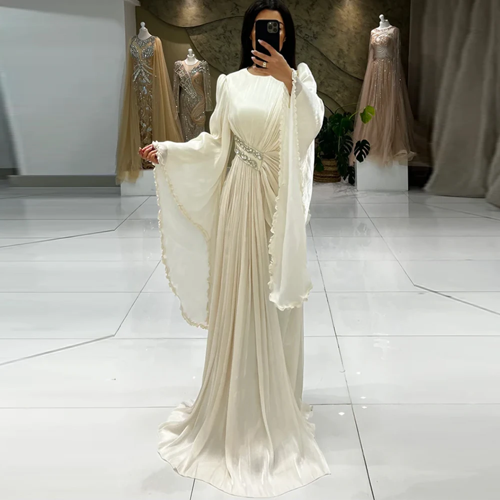 

Fashion Chiffon Evening Dresses O-Neck Long Sleeves Homecoming Dresses Crystal Sweep Train Customized Special Occasion Gowns