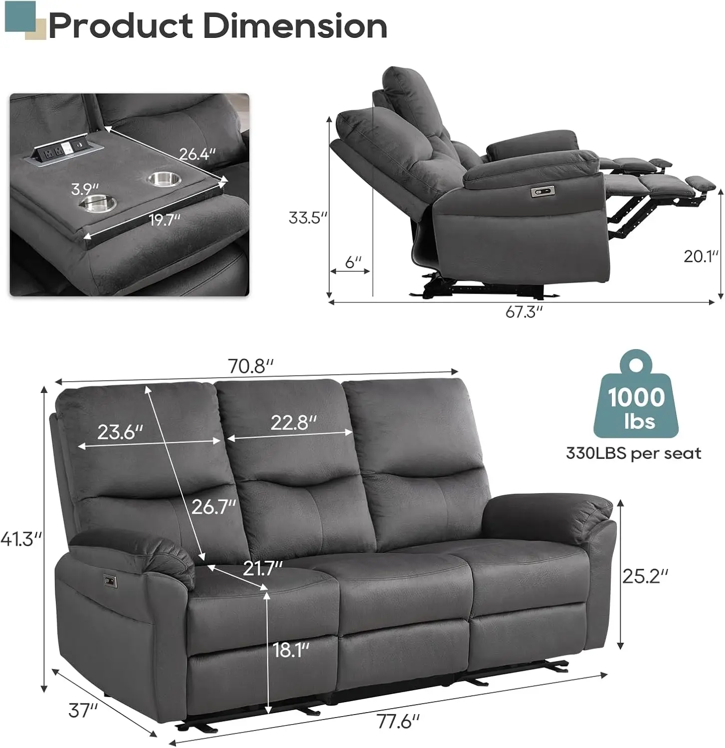 Power Reclining Sofa, Reclining Sofa with Drop Down Table, Cup Holder and USB Port, Modern Recliner Sofa 3 Seater, Wall Hugger