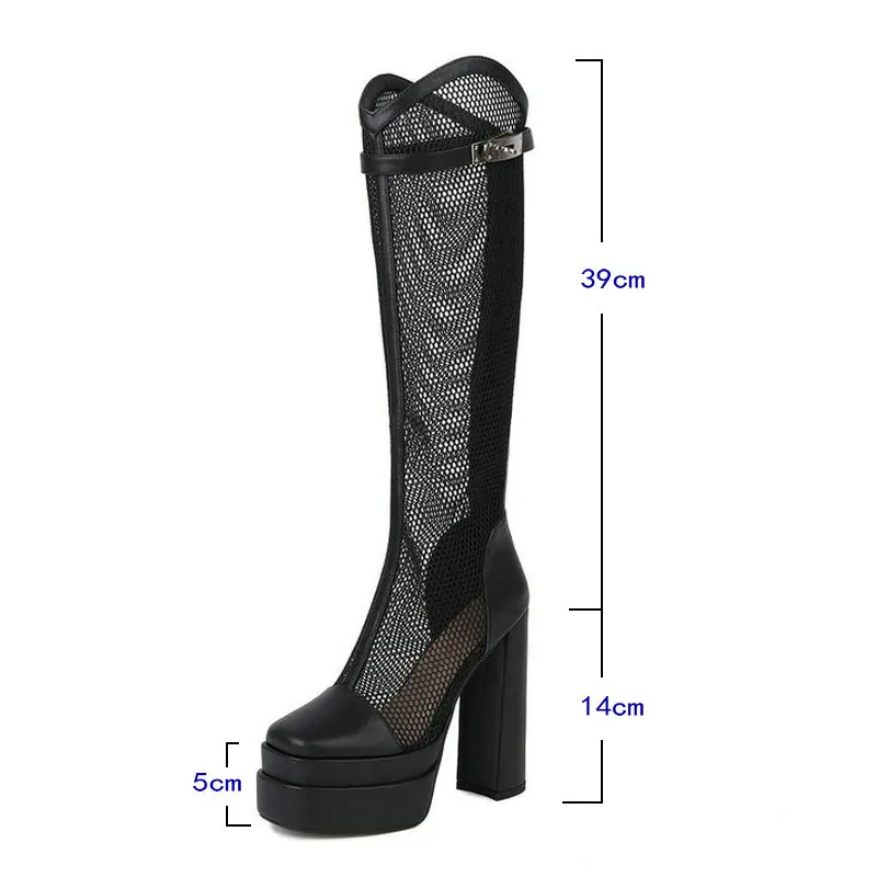 Black White Gray Summer Women Knee High Boots Platform Thick High Heel Ladies Calf Boots PU Leather Square Toe Mesh Boots 2022