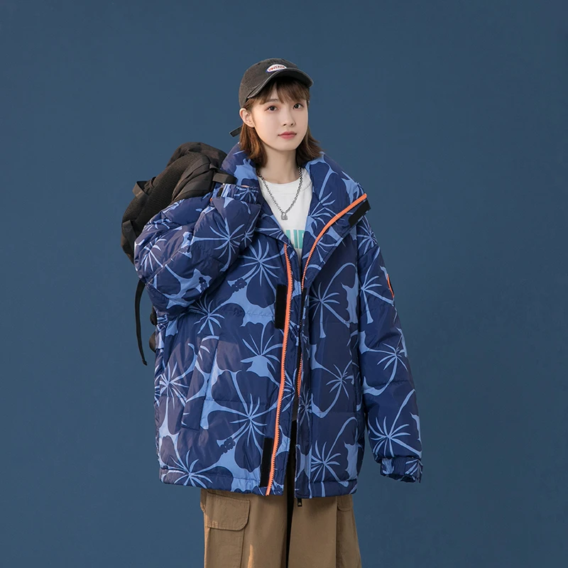 

Student Blue Korean Neutral Style Short Printed Men's Women's Winter Jacket Outdoor Sports Running Camping Hiking City Casual