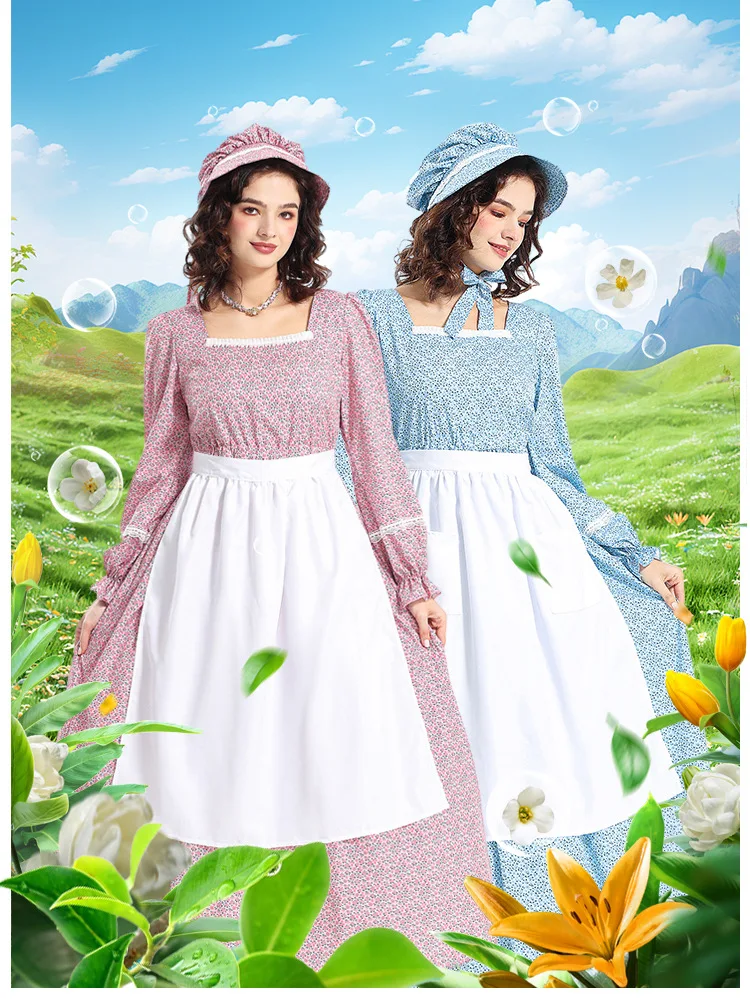Disfraz de Halloween Prairie Colonial Vestido floral con cuello cuadrado Traje pionero