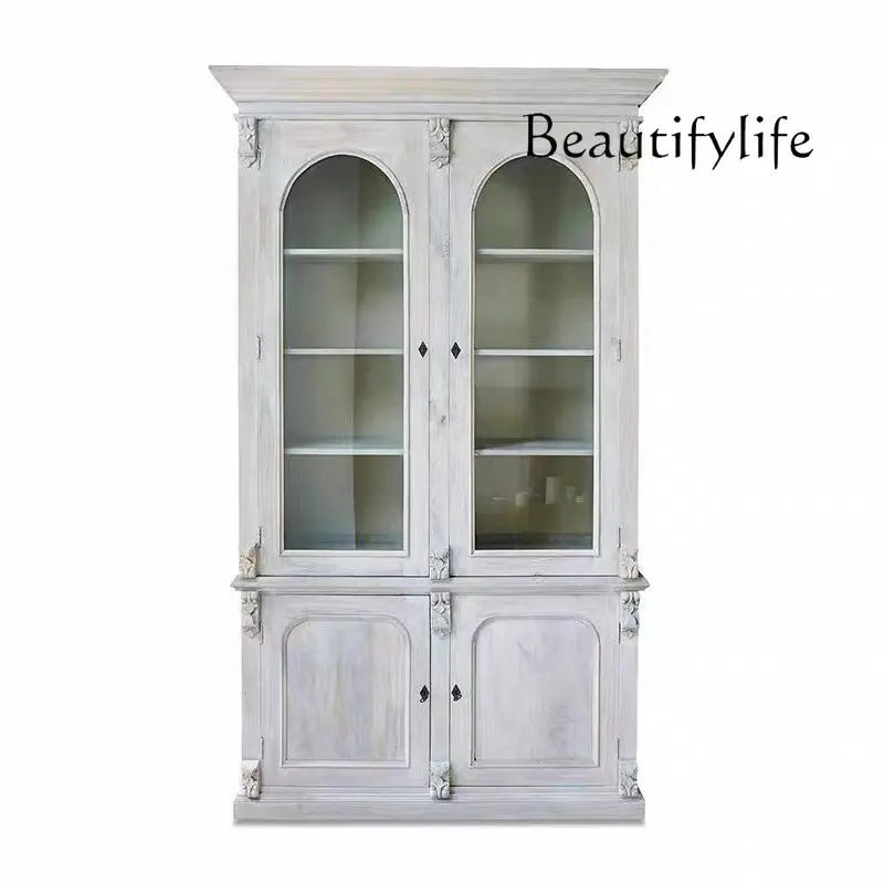 

American light luxury decoration French solid wood bookcase double door oak display retro old storage wine cabinet
