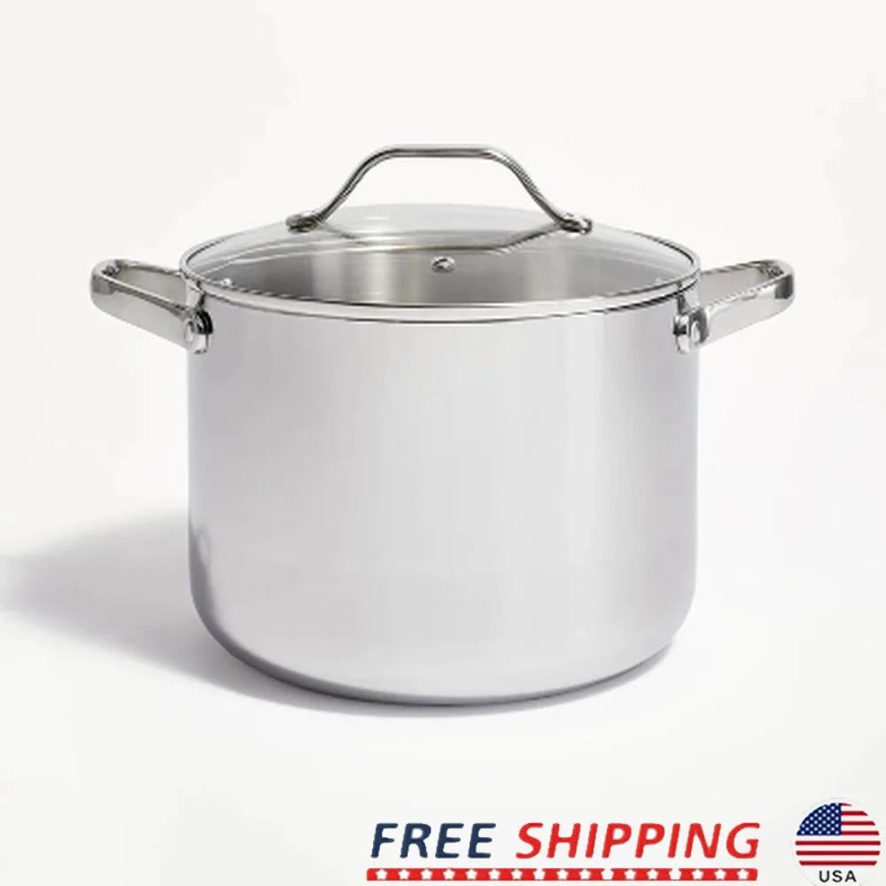 

Кастрюля из нержавеющей стали 8qt с крышкой, индукционная, совместимая с алюминиевым сердечником, даже распределение тепла, безопасная для духовки, можно мыть в посудомоечной машине