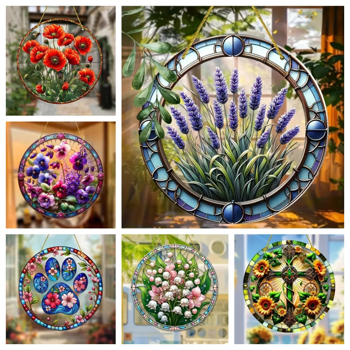 Acrylschild, Winterdekoration, Blumen-Sonnenfänger, gebeiztes Fenster zum Aufhängen, rundes Schild, Kranzschild, Kranzzentrum, Weihnachtsgeschenk